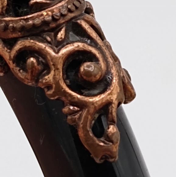 Set 2 Bracelets Stamped Brass Cuff Lucite Bangle Brass Look Filigree Accents Vtg - Picture 8 of 12